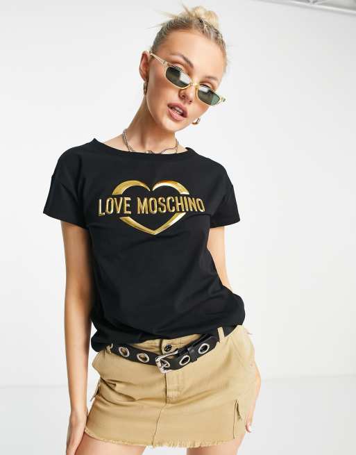 Love Moschino – Svart t-shirt med guldig, metallisk logga