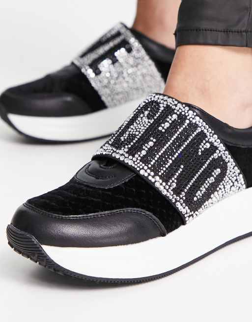 Love Moschino – Svarta grova sneakers med glittrande panel och logga, 3 av 4