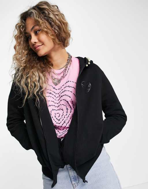 Love Moschino - Sweat à capuche d’ensemble strassé à capuche bordée de perles artificielles - Noir