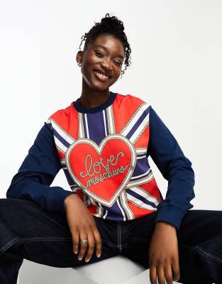 Love Moschino - Sweatshirt in Blau mit Union-Jack-Print und Logo-Bunt