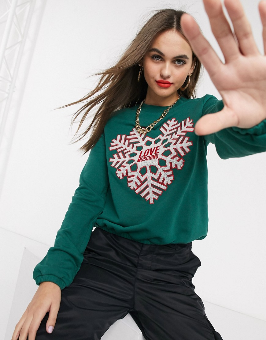 Love Moschino — Sweatshirt med snefnugprint og logo-Grøn