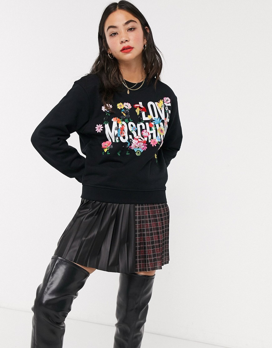 Love Moschino - Sweatshirt met bloemenprint en logo-Zwart