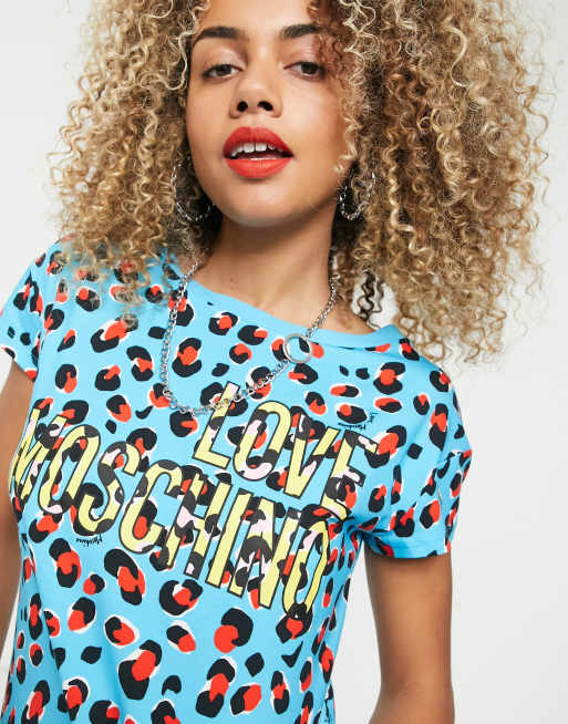 Love Moschino - T-shirt à imprimé léopard et logo - Bleu vif, 3 de 4