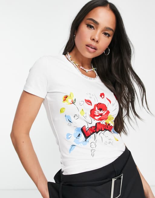 Love Moschino - T-shirt à logo et imprimé fleuri - Blanc/multicolore