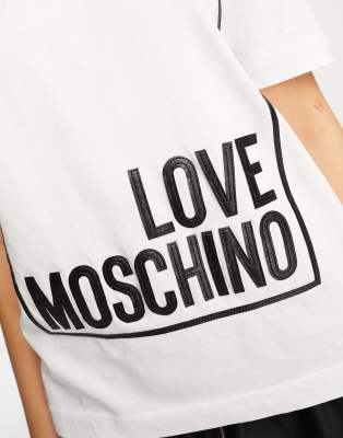 T-shirt bianca con riquadro del logo e finiture in pelle sintetica-Bianco - Love Moschino T-shirt donna  - immagine1