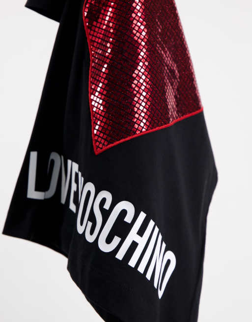 Love Moschino - T-shirt con logo e cuore di paillettes in nero e rosso, 2 di 4