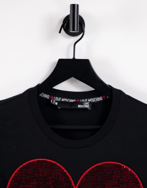 Love Moschino - T-shirt con logo e cuore di paillettes in nero e rosso, 3 di 4