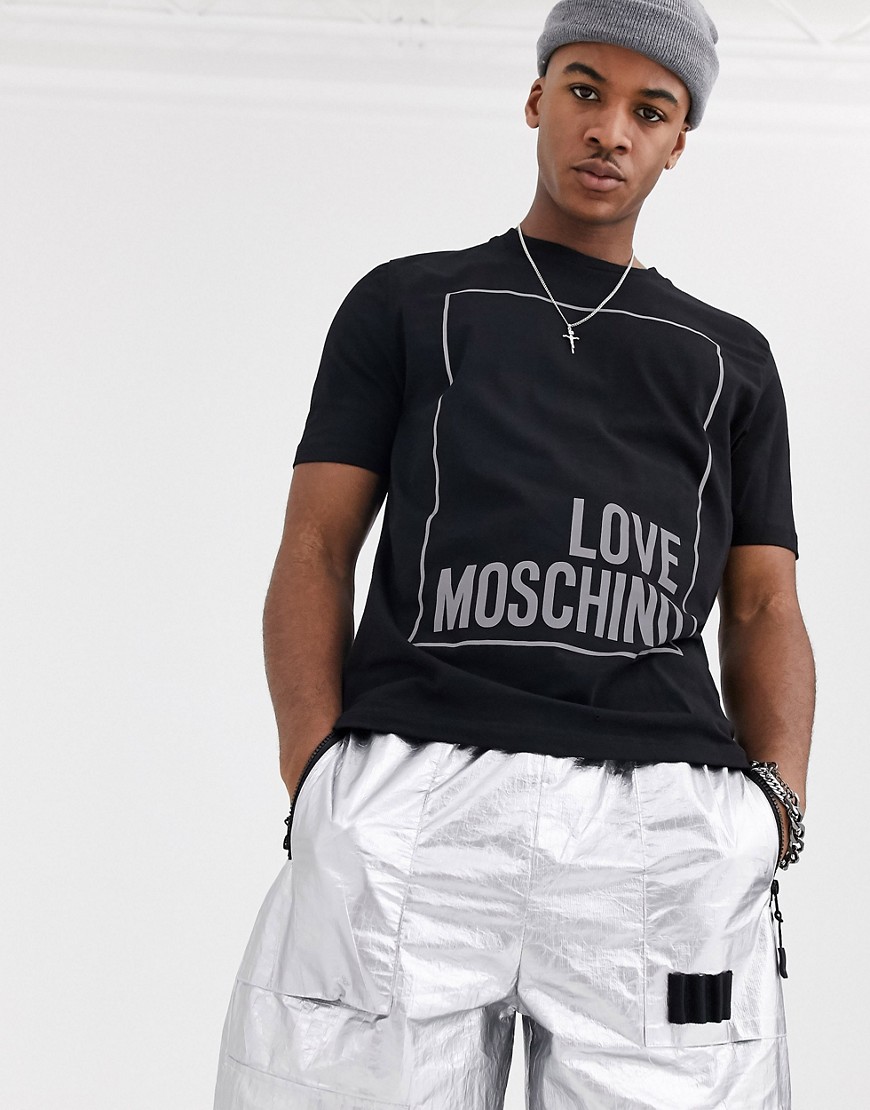 Love Moschino - T-shirt con logo riquadrato riflettente-Nero
