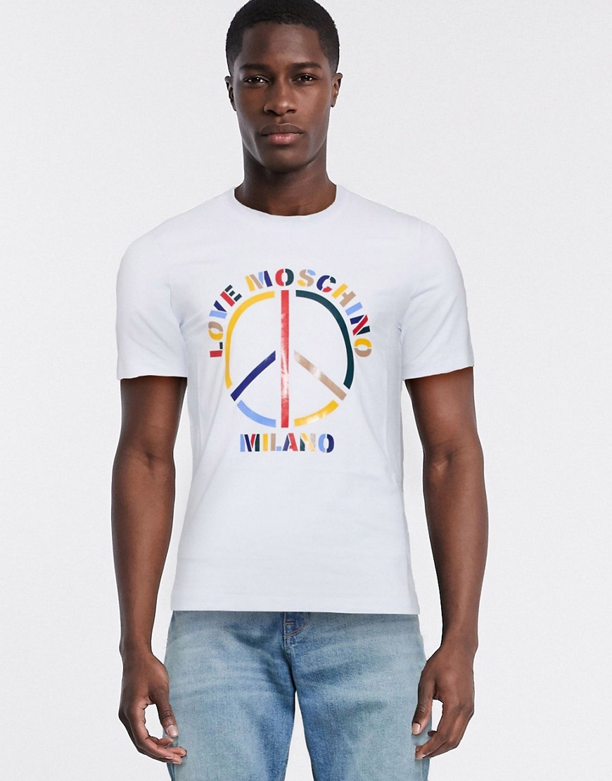 Love Moschino - T-shirt con stampa del logo e simbolo della pace-Bianco