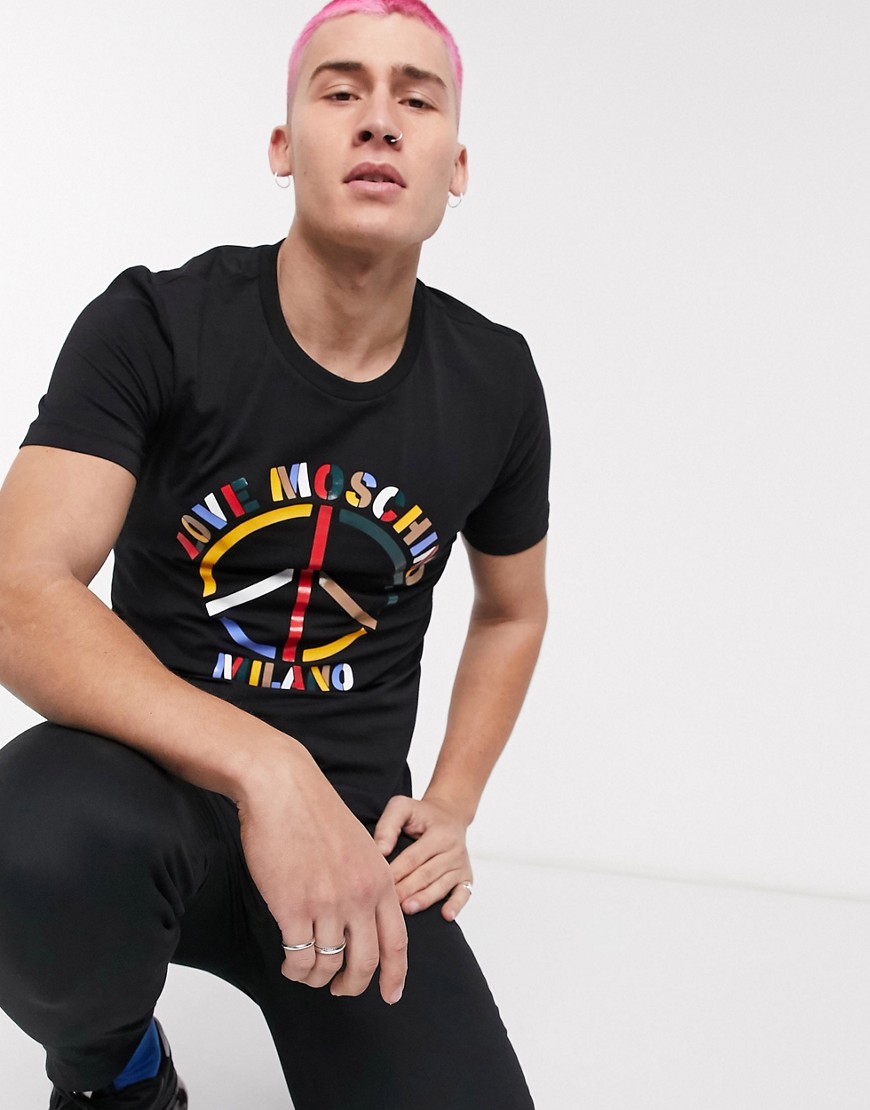 Love Moschino - T-shirt con stampa del logo e simbolo della pace-Nero
