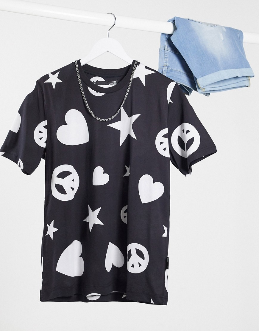 Love Moschino - T-shirt con stampa di cuori e simboli della pace-Nero