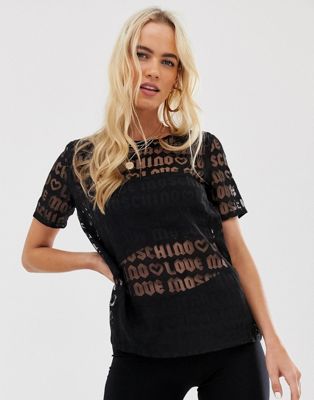 Love Moschino – T-shirt i halvgenomskinlig mesh med heltäckande logga-Svart