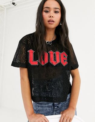 Love Moschino – T-shirt i spets med Love-tryck-Svart