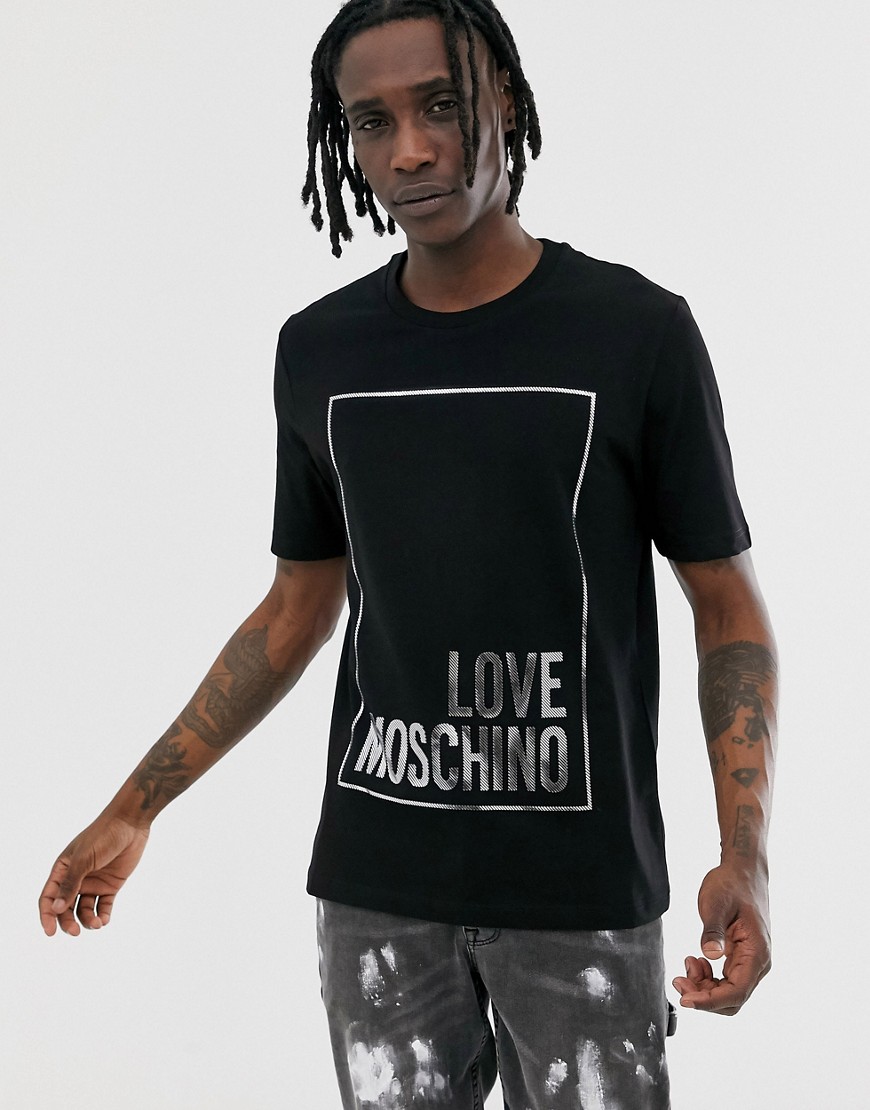 Love Moschino - T-shirt in zwart met vierkant metallic logo