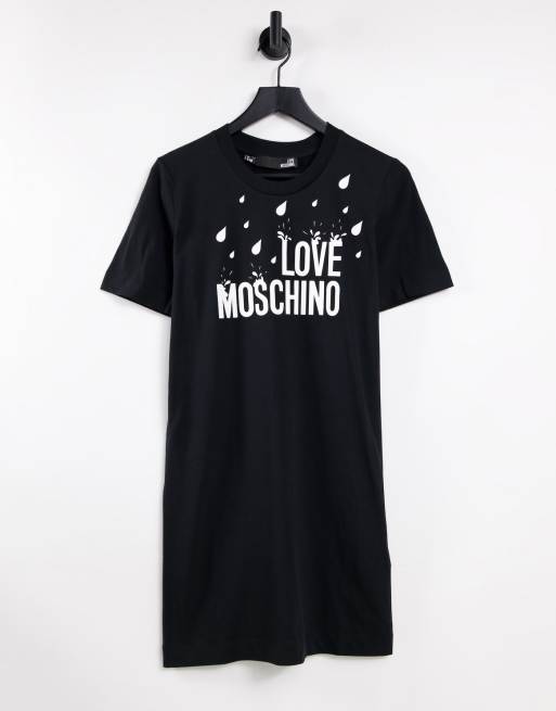 Love Moschino – T-Shirt-Kleid in Schwarz mit Regentropfen-Logoprint