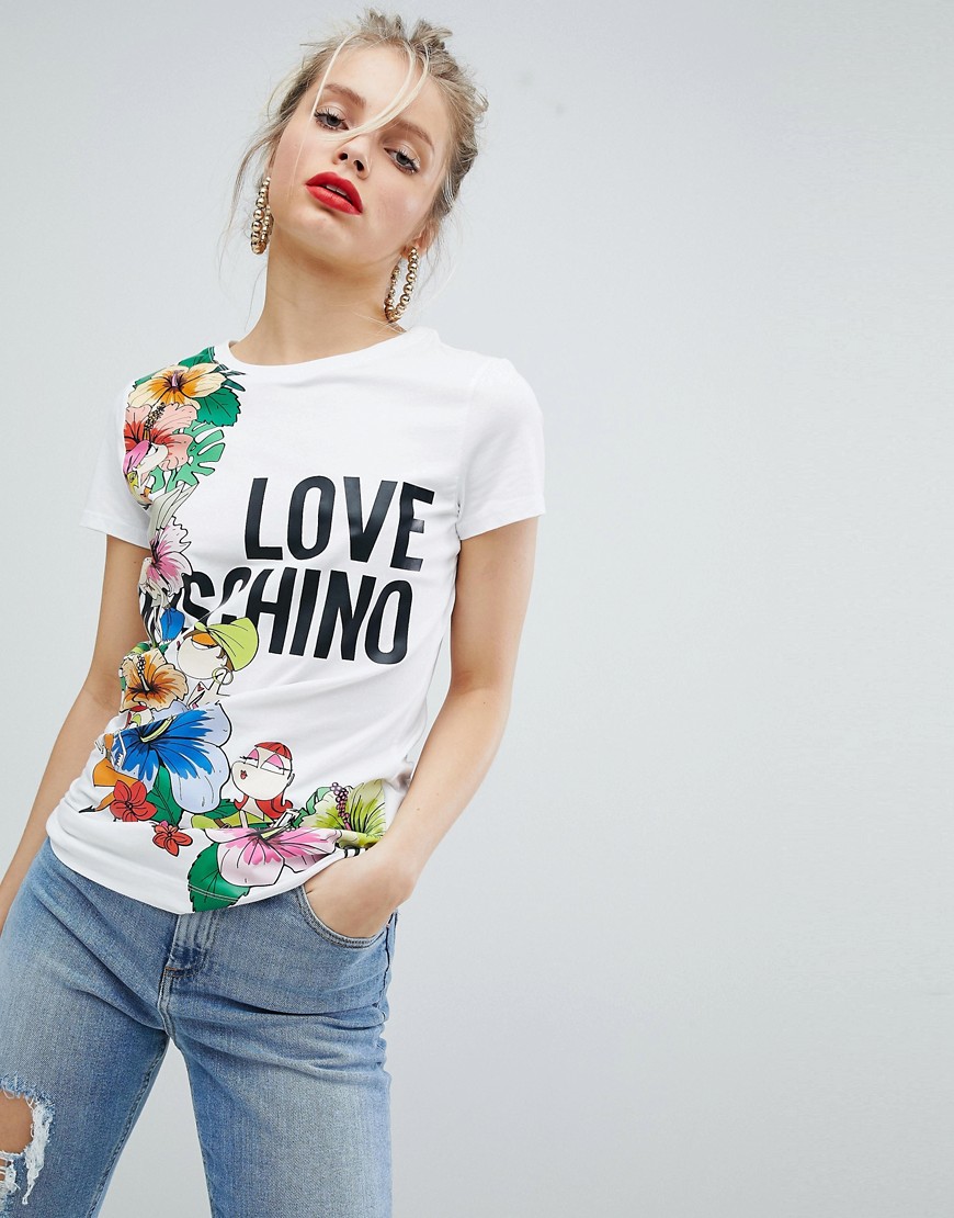 Love Moschino – T-shirt med tropisk logga-Vit