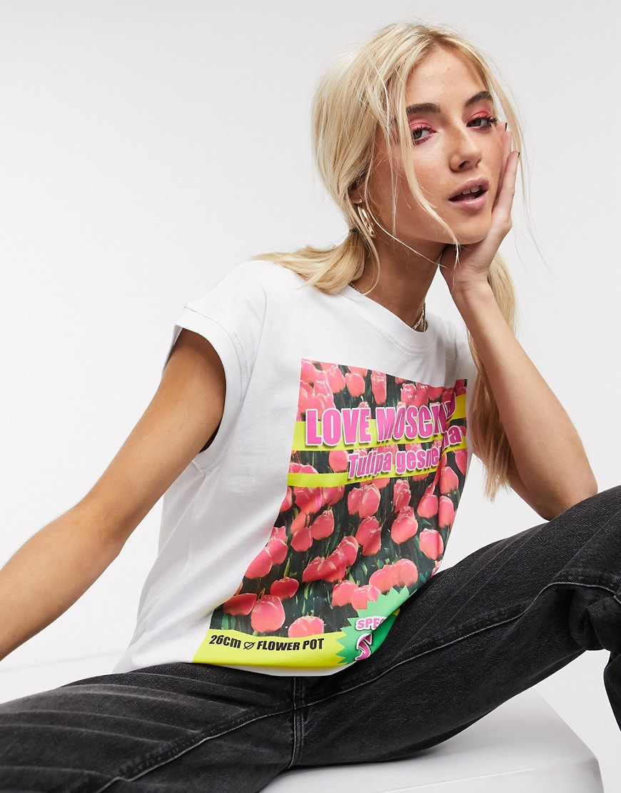 Love Moschino - T-shirt met tulpenprint en logo-Wit