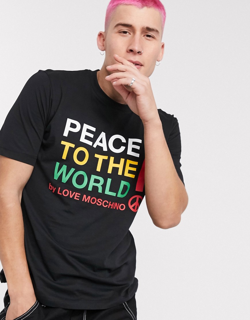Love Moschino - T-shirt nera con stampa di globo e simbolo della pace-Nero