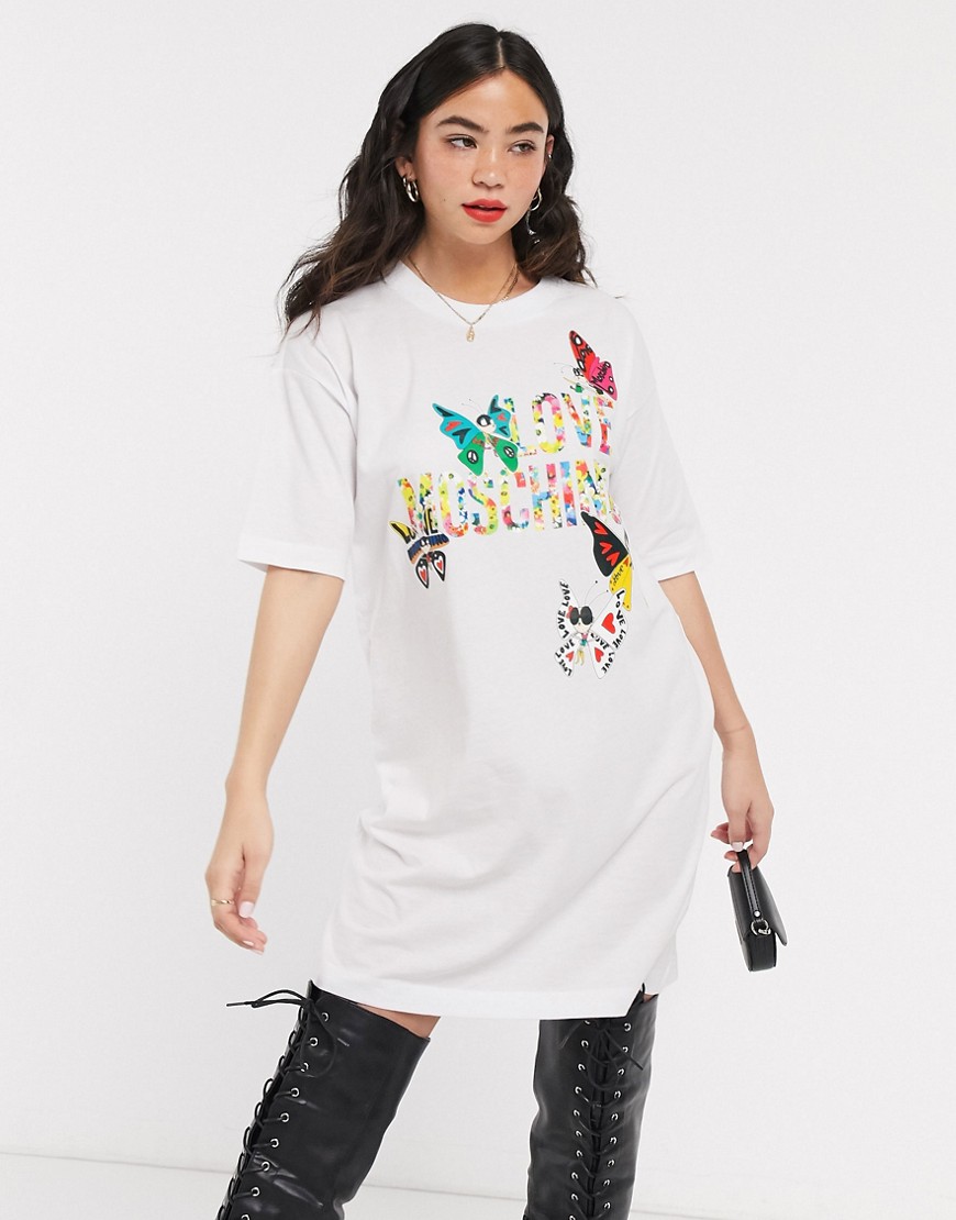 Love Moschino - T-shirtjurk met vlinderprint en logo-Wit