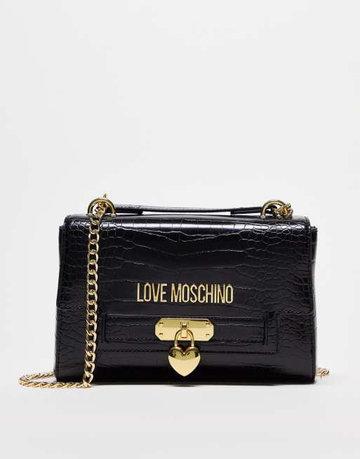 Love Moschino - Tas met hartvormig hangslotje en krokodillenmotief in zwart