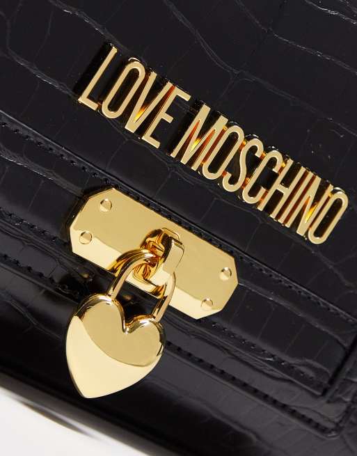 Love Moschino Tasche in Schwarz mit Kroko Optik und Vorhangeschloss in Herzform