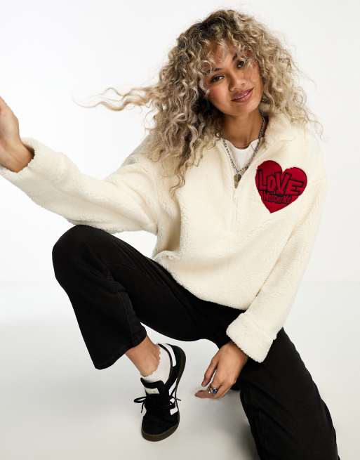 Love Moschino teddy heart patch sweatshirt with zip in cream