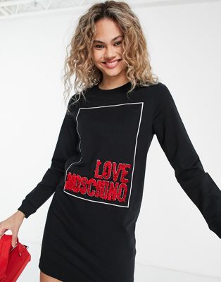Love Moschino textured box logo sweatshirt dress in black