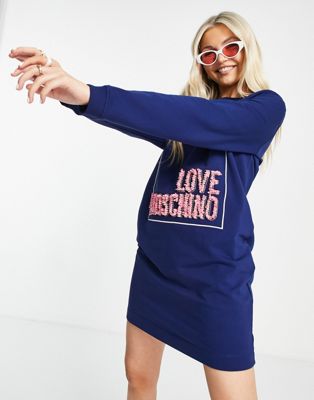 Love Moschino textured box logo sweatshirt dress in blue