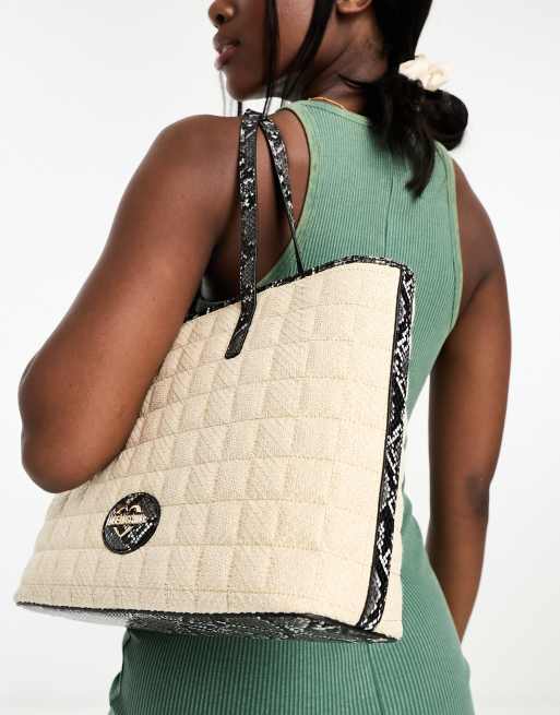 Love Moschino – Torba typu tote z rafii ze wzorem skóry węża w kolorze naturalnym i czarnym