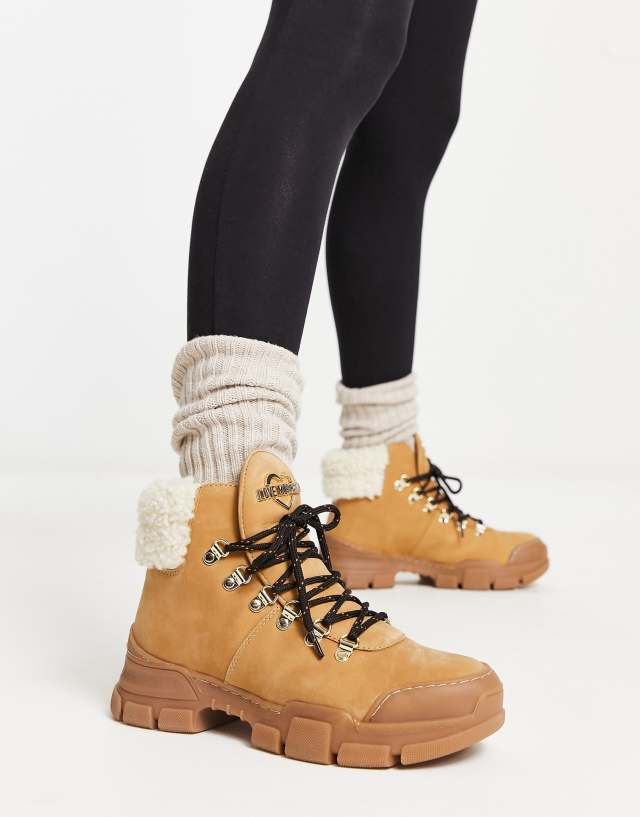 Love Moschino Trekk ankle boots with teddy collar in beige