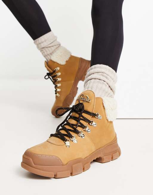 Love Moschino Trekk ankle boots with teddy collar in beige