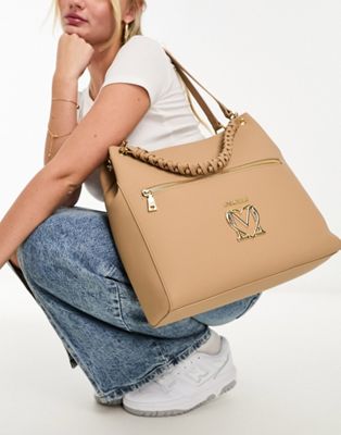 Love Moschino twist handle structured tote bag in beige