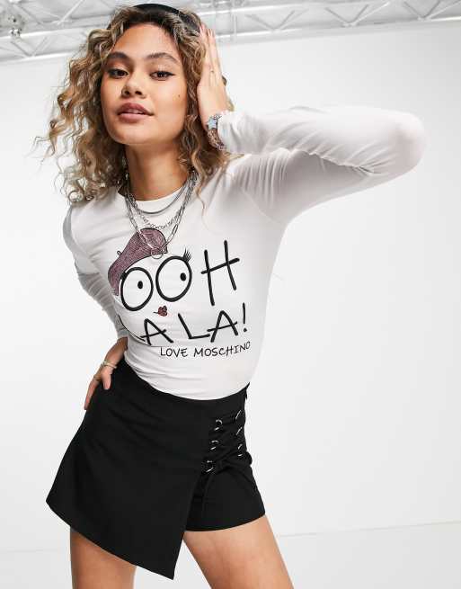 Love Moschino – Vit långärmad t-shirt med Ooh La La-tryck