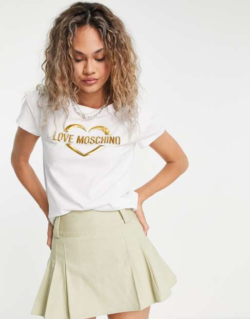 Love Moschino – Vit t-shirt med guldig logga i metallic