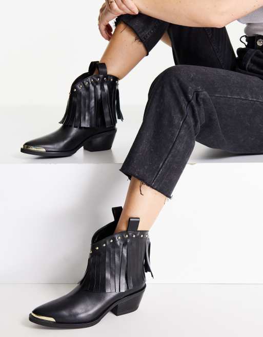 Love Moschino - Western enkellaarzen met franje en hak in zwart