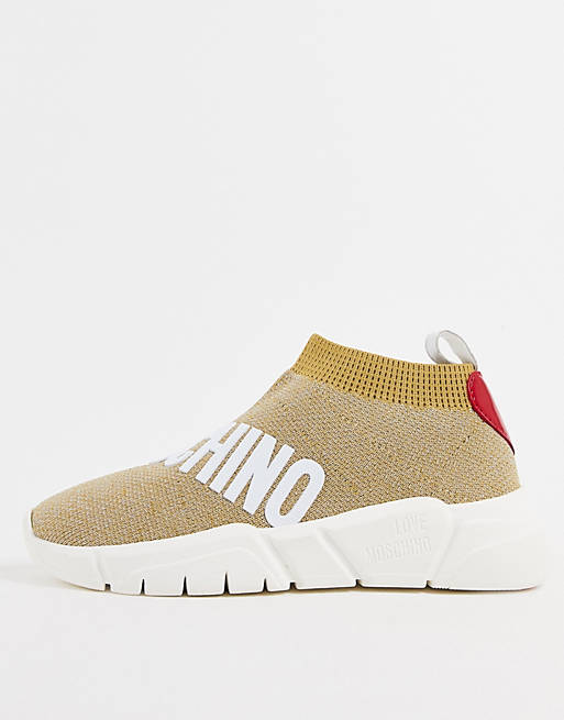 Women Trainers/Love Moschino wrapover logo sock boot trainer in gold 