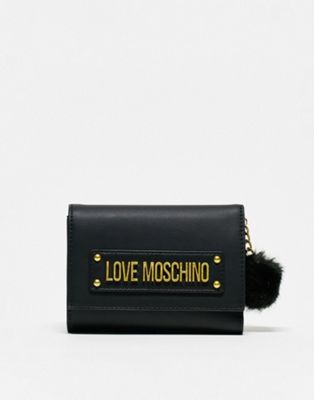 Love Moschino zip top pom pom detail wallet in black