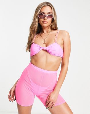 Love & Other Things 3 piece bikini and mesh short set in neon pink with chain detail