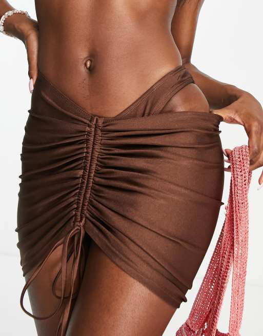 Love & Other Things 3 piece ruched bikini and sarong set in brown