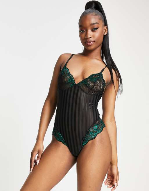 Love & Other Things - Body van gestreept mesh met kanten randjes in zwart, 3 van 4