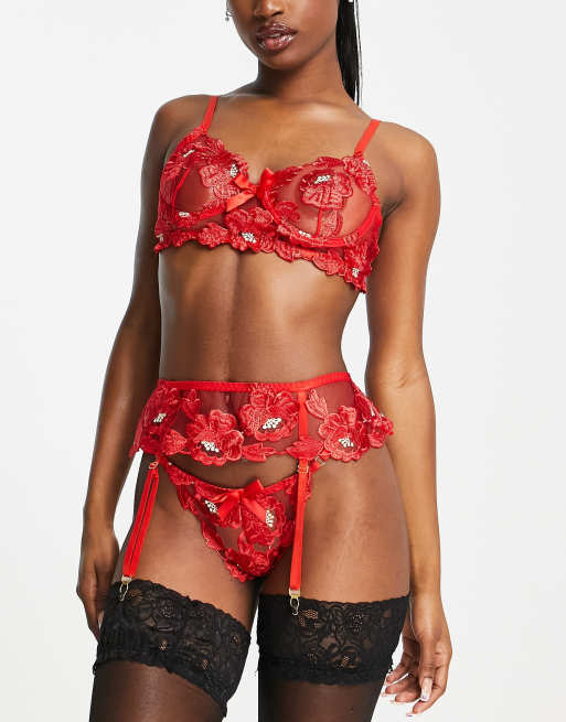Love & Other Things bra thong and suspender set in red floral lace, 4 of 4