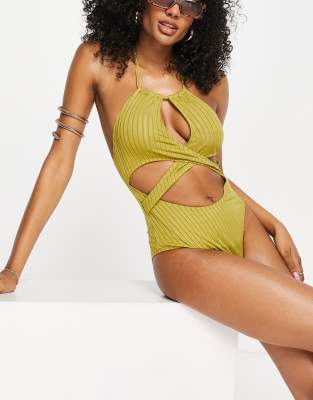 cross cut-out halter swimsuit in green