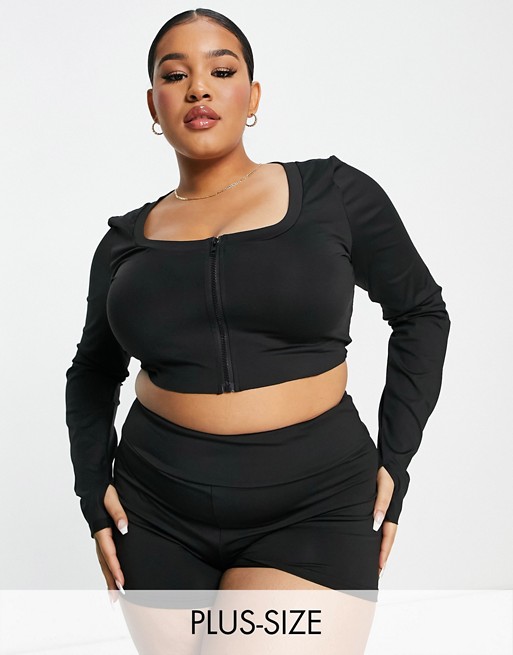 Love & Other Things Plus gym zip front cropped top in black