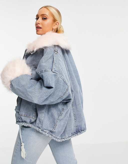 Blue denim jacket 2024 with white fur