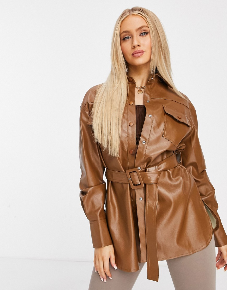 Love & Other Things faux leather oversized shirt dress in brown