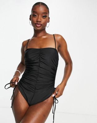 Love & Other Things gathered tie detail swimsuit in black