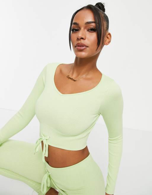 Love & Other Things - Geribbelde fitness crop top met lange mouwen in pastelgroen