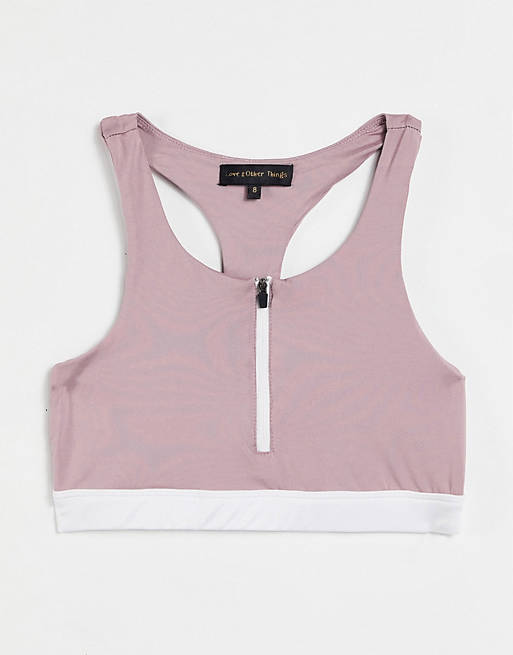 Love & Other Things gym co-ord contrast zip front sports bra in mauve & white