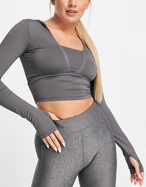 Love & Other Things gym hoodied crop top in grey