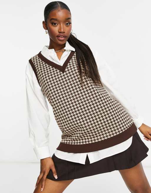 Love & Other Things knit sweater vest in brown dogtooth
